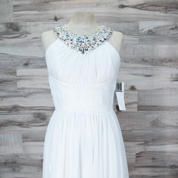 Sequin Hearts White Formal Dress Iridescent Jewels at Neckline & Uneven Skirt - Picture 9 of 9